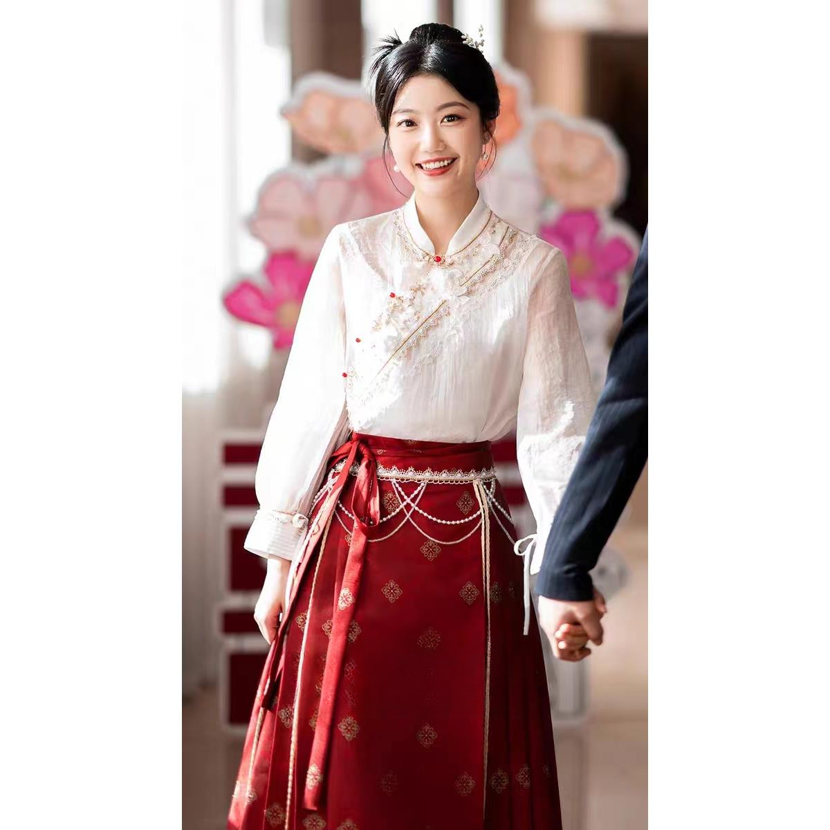大码新中式复古国风汉服红色马面裙套装春秋新娘气质敬酒服半身裙