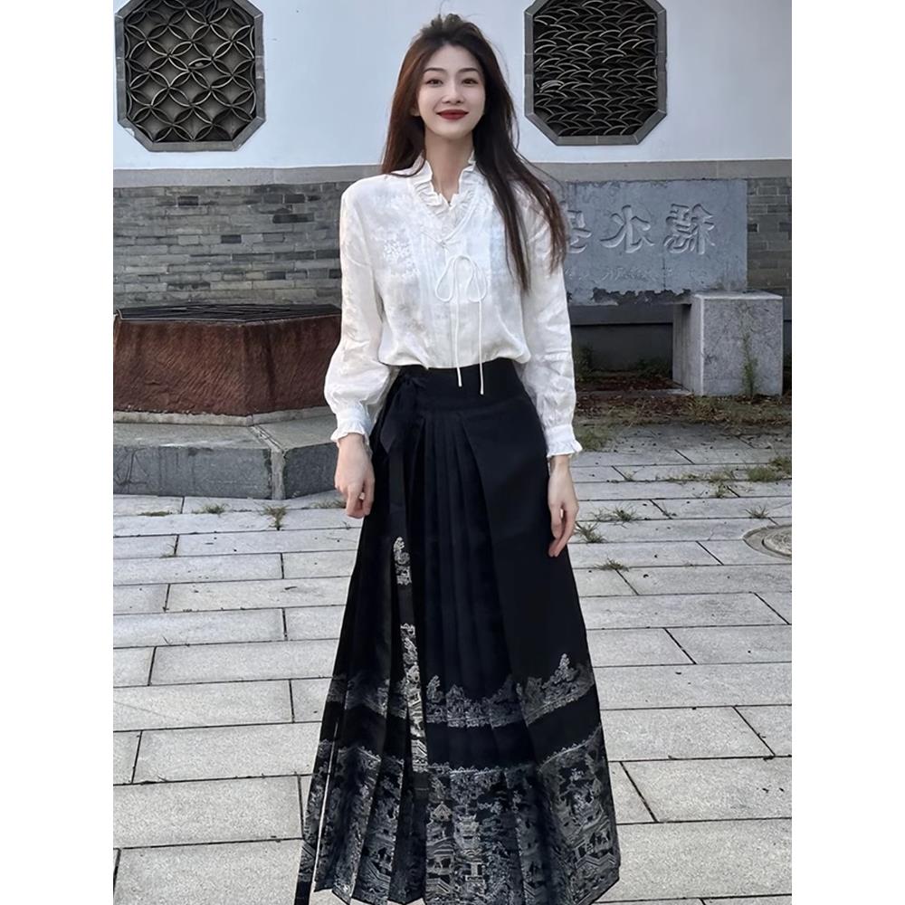 新中式国风汉服女日常改良马面裙秋季2023新款白衬衫上衣两件套装
