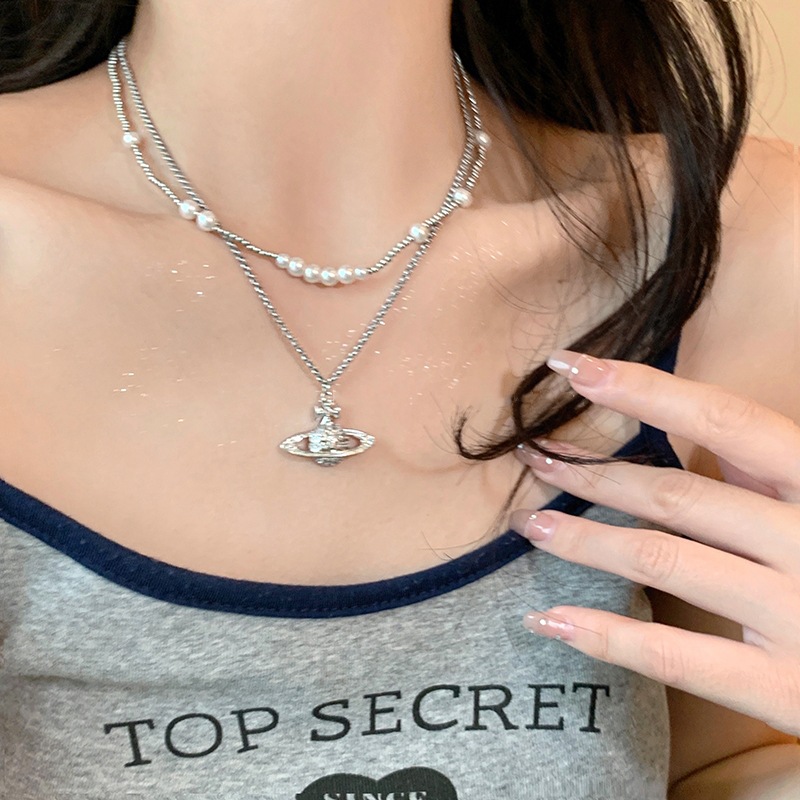 合金仿珍珠项链 宇宙的浪漫土星叠戴项链女高级感轻奢时尚锁骨链