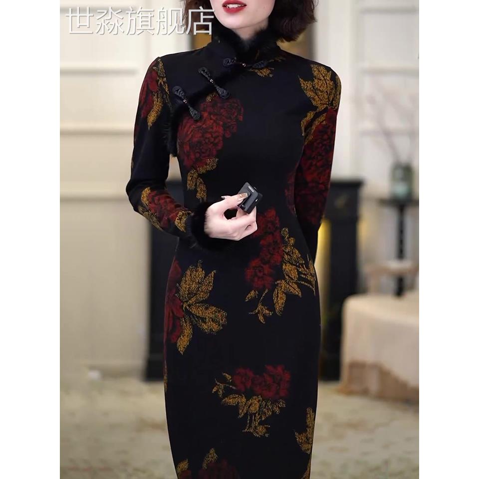世淼旗舰店中式改良连新复古旗袍衣裙2023秋冬新款优雅洋气修身显