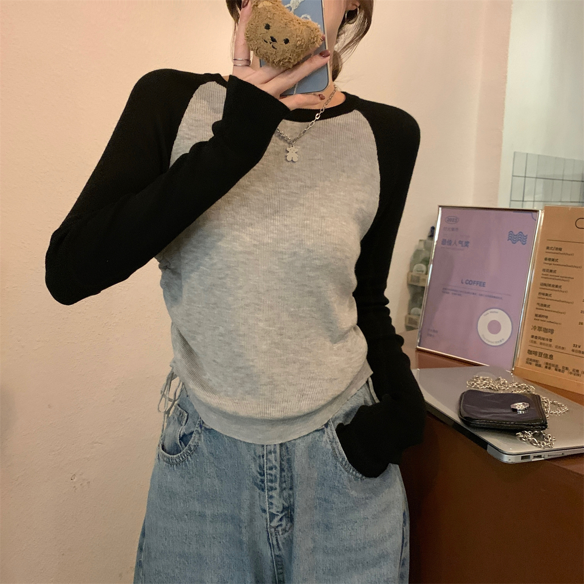 2023秋冬韩版圆领撞色插肩抽绳设计感内搭针织衫打底女毛衣5016#