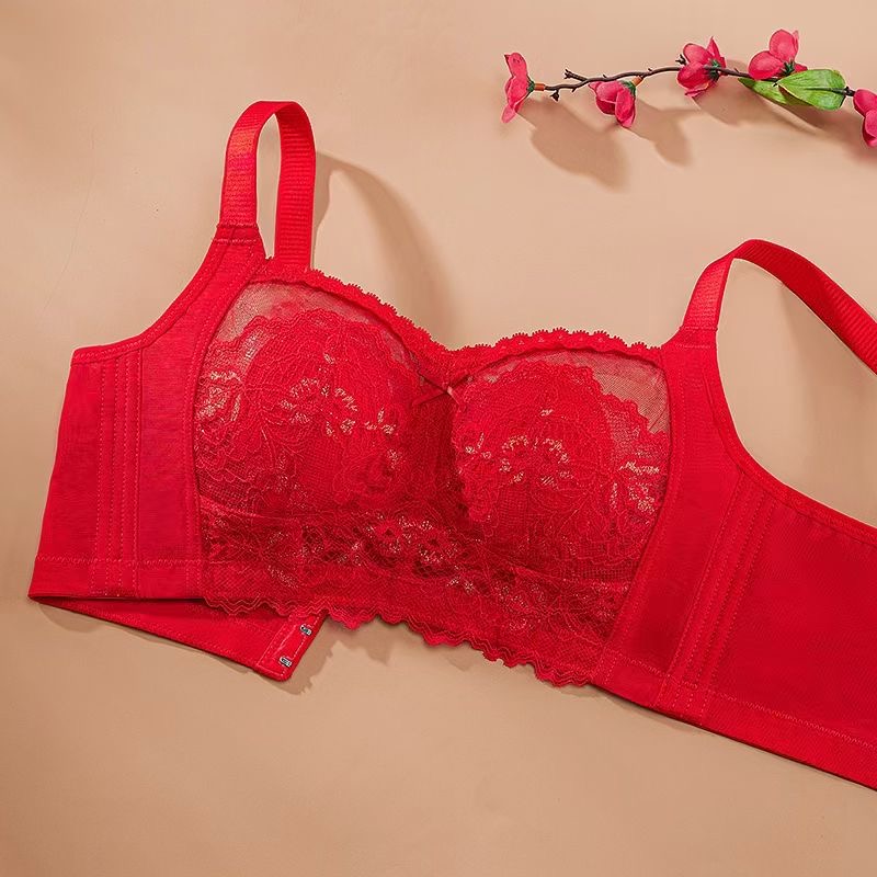 龙年本命年红色内衣女新娘大胸显小薄款红色胸罩收副乳大码全罩杯