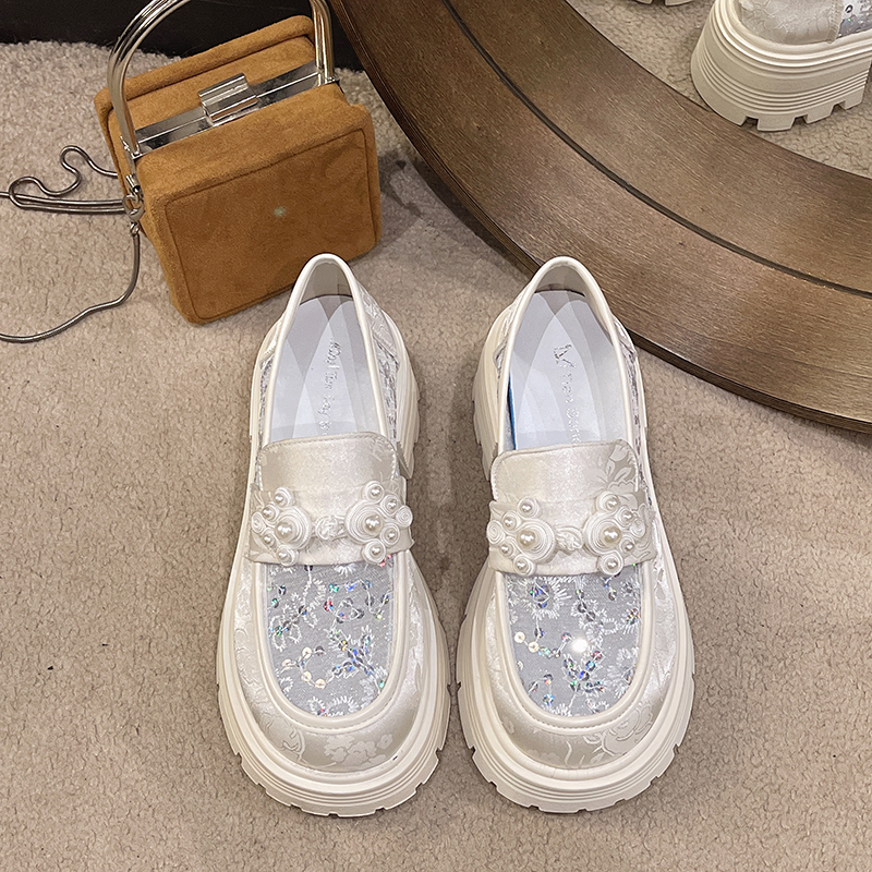 珍珠亮片玛丽珍鞋2024年夏季新款法式厚底一脚蹬女鞋蕾丝透气单鞋