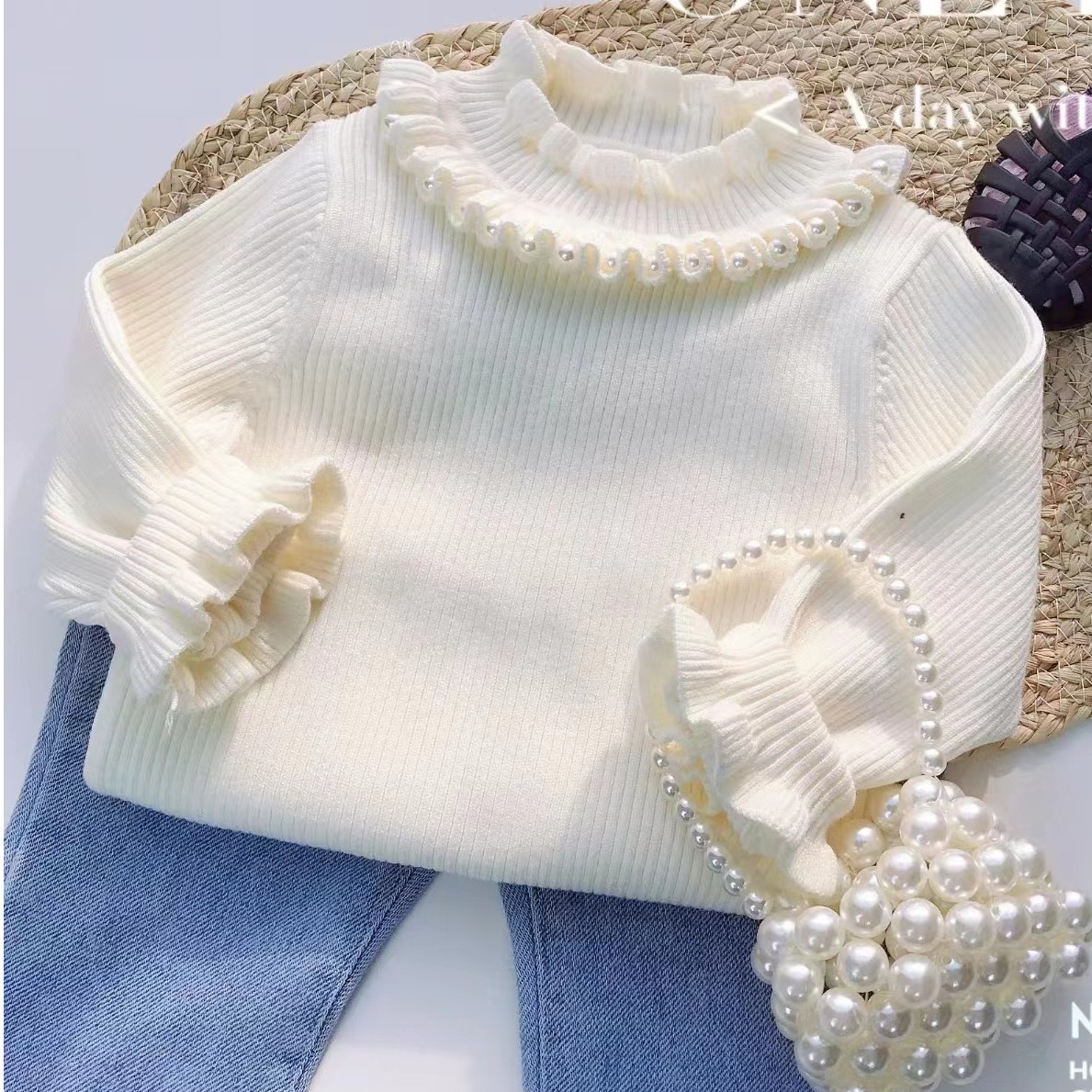 女童秋冬新款珍珠荷叶半高领毛衣洋气女宝宝针织打底衫长袖公主衫