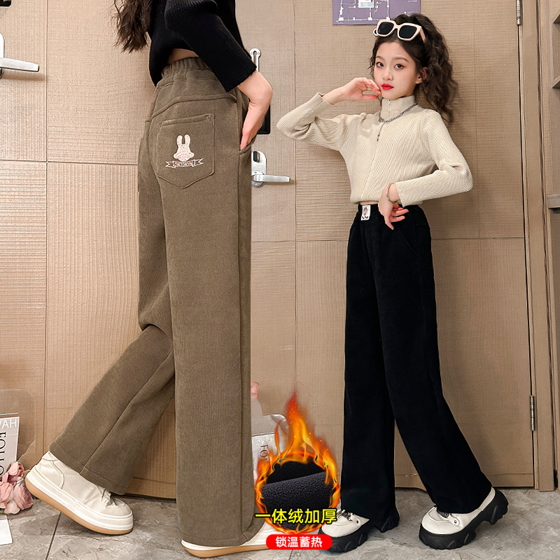 女童秋冬加绒阔腿裤2023新款爆款中大儿童一体绒加厚窄版直筒裤子