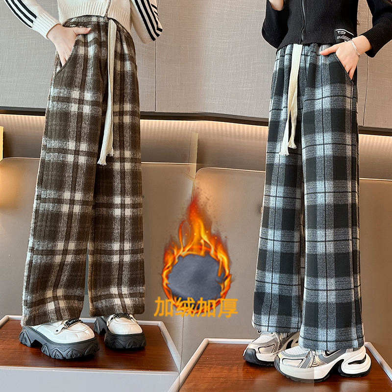 女童裤子冬加绒加厚一条过冬爆款2023新款中大童一体绒格子阔腿裤