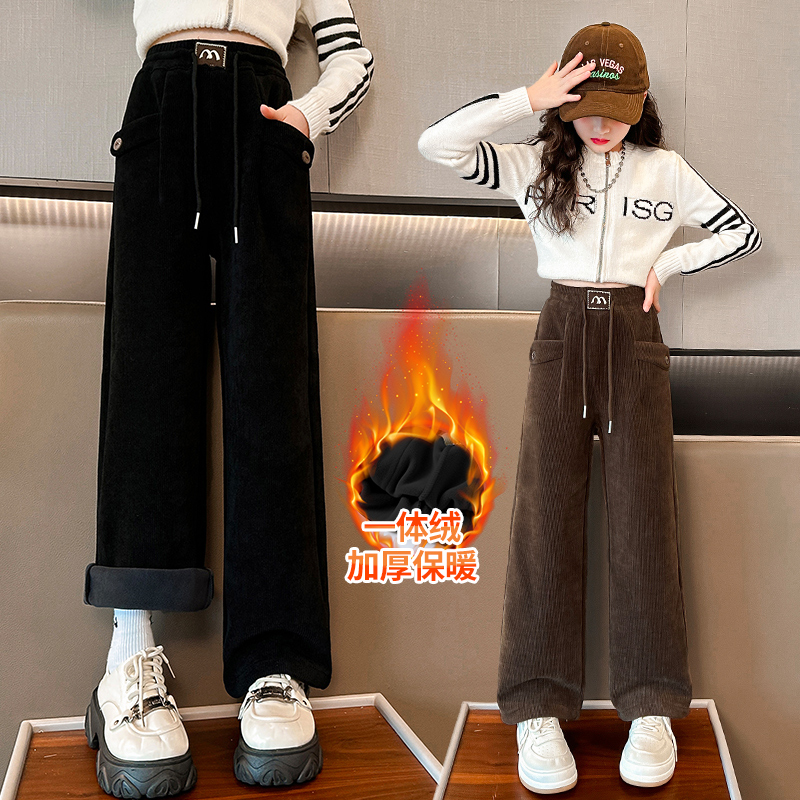 女童灯芯绒加绒裤子2023新款爆款小女孩洋气秋冬一体绒加厚阔腿裤
