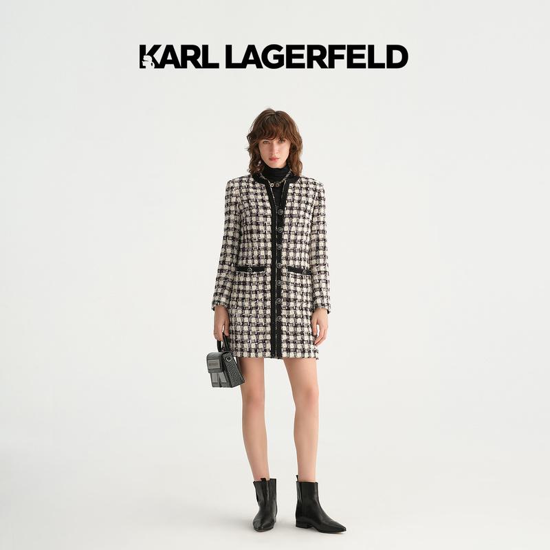 【晨晨甄选】KARL LAGERFELD秋季撞色花边长款花呢连衣裙E37W1327