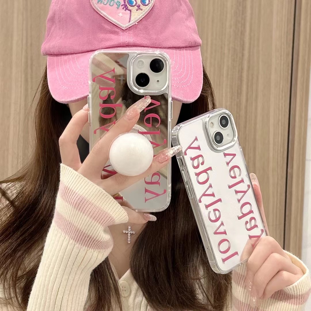 ins美式英文镜面珍珠支架苹果14promax手机壳iPhone13防摔12女网