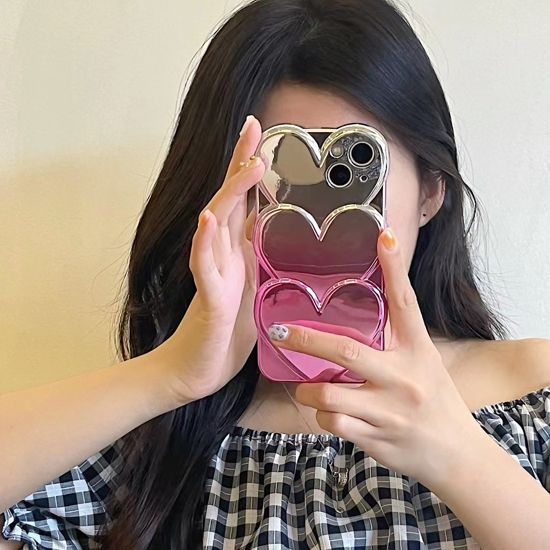 高级感电镀渐变爱心苹果14promax手机壳iPhone11立体12玫红色13软