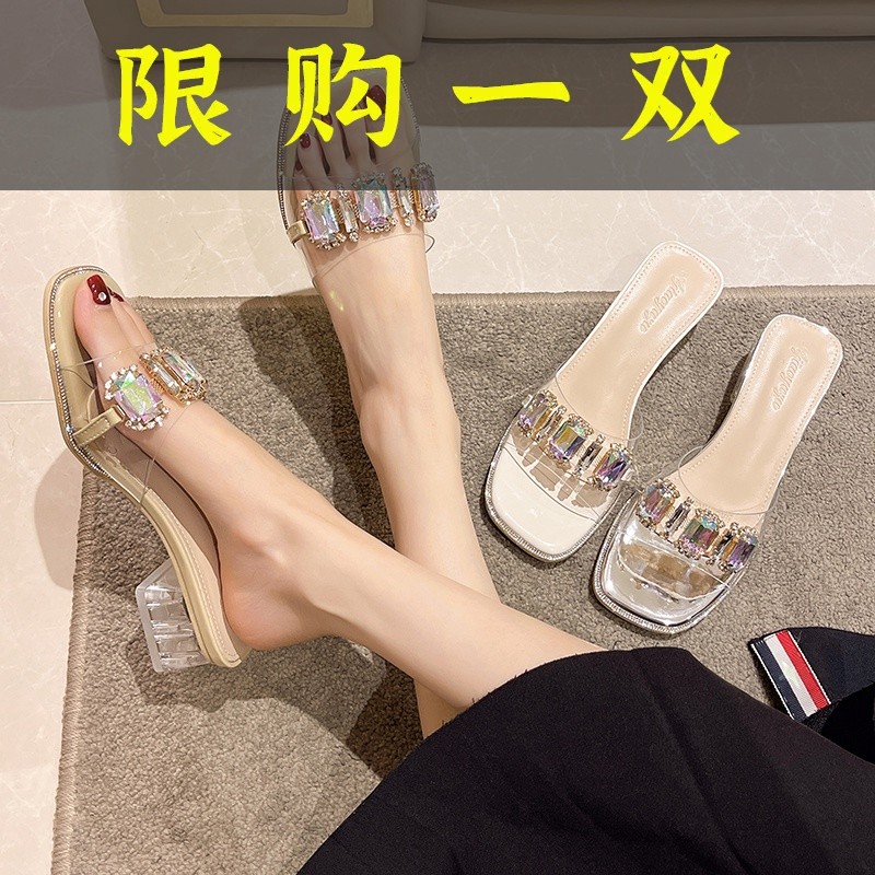 红蜻蜓牌透明水钻拖鞋女夏外穿时尚2023年新款网红中粗跟水晶高