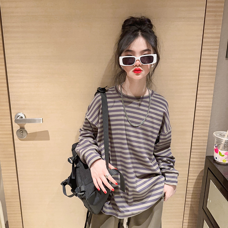 女童春装长袖T恤2024新款中大童洋气网红卫衣儿童春季条纹打底衫