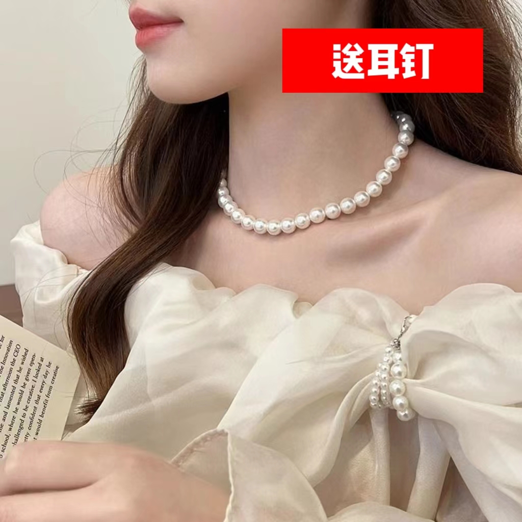 非金属项链 S925正圆（薇）白色全珠微钻项链10MM海贝珠（送耳钉）