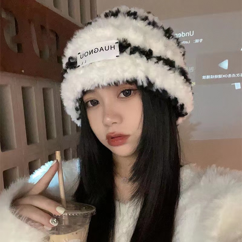 可爱卡通小熊耳朵毛毛帽子女秋冬针织毛绒帽保暖护耳包头冷帽S12