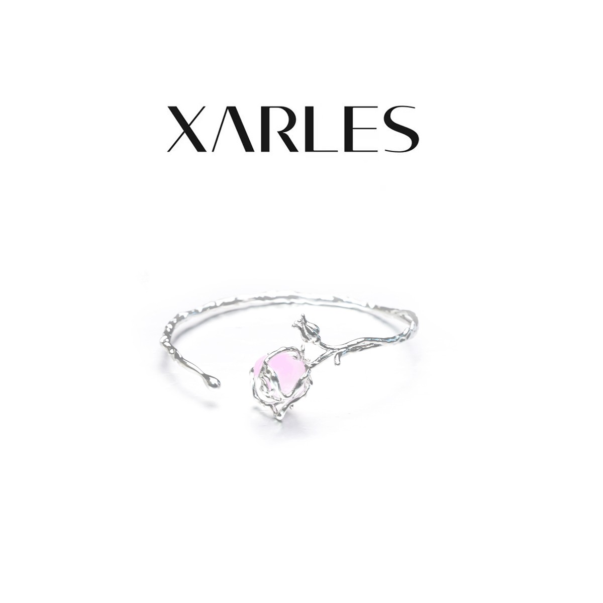 XARLES 铜合金手镯  拂-冰川粉石立体玫瑰银色手镯30061