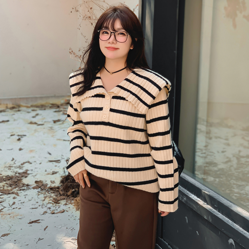 【乃粒】大码海军领坑条撞色条纹针织衫时尚百搭微胖mm毛衣22051