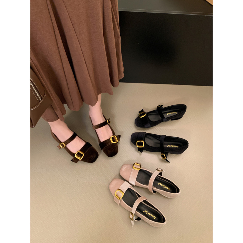 【真皮材质】毛毛鞋外穿玛丽珍鞋子粗跟法式加绒低跟一字扣单鞋D143