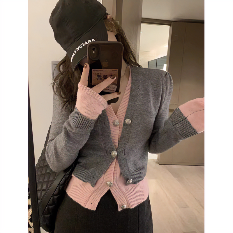 拼色假两件针织开衫女2023早秋季新款修身显瘦短款设计感小众上衣