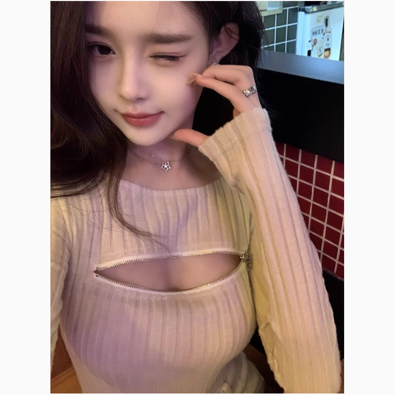 针织打底衫女秋冬2023年新款拉链设计感小众内搭紧身显瘦纯欲上衣