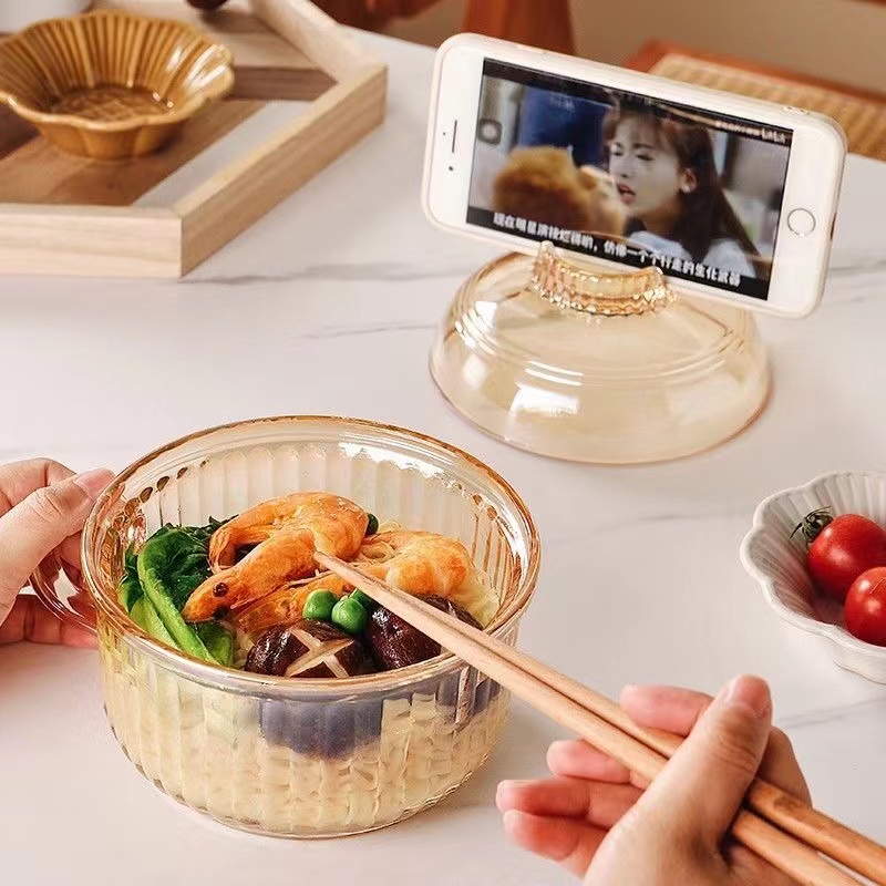 日式ins玻璃泡面碗带盖汤碗大号学生面碗带把手 家用 大容量