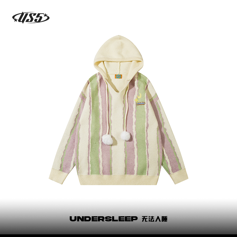 UNDERSLEEP 无法入睡 设计感条纹针织连帽拼色针织毛衣 98046