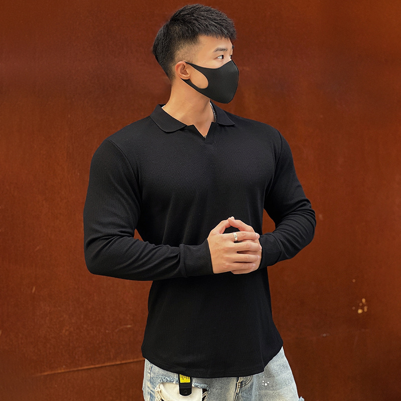纯色健身翻领男士长袖休闲运动弹力紧身衣训练跑步打底衫V领长袖