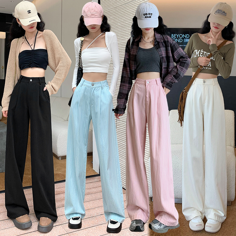 多巴胺竖条纹阔腿工装裤女2023秋季新款直筒宽松牛仔运动休闲裤