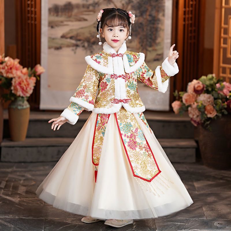 儿童新款拜年服女童汉服加绒加厚中国风唐装日常喜庆年服冬季套装