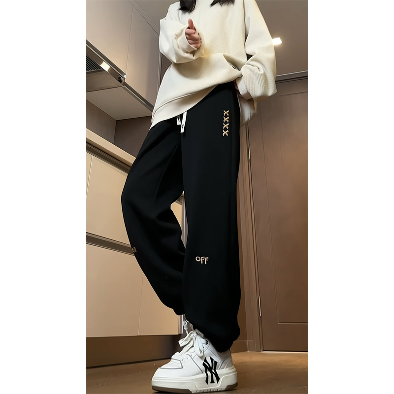 重磅加绒运动裤女秋冬宽松束脚刺绣美式高街潮流加厚直筒哈伦卫裤