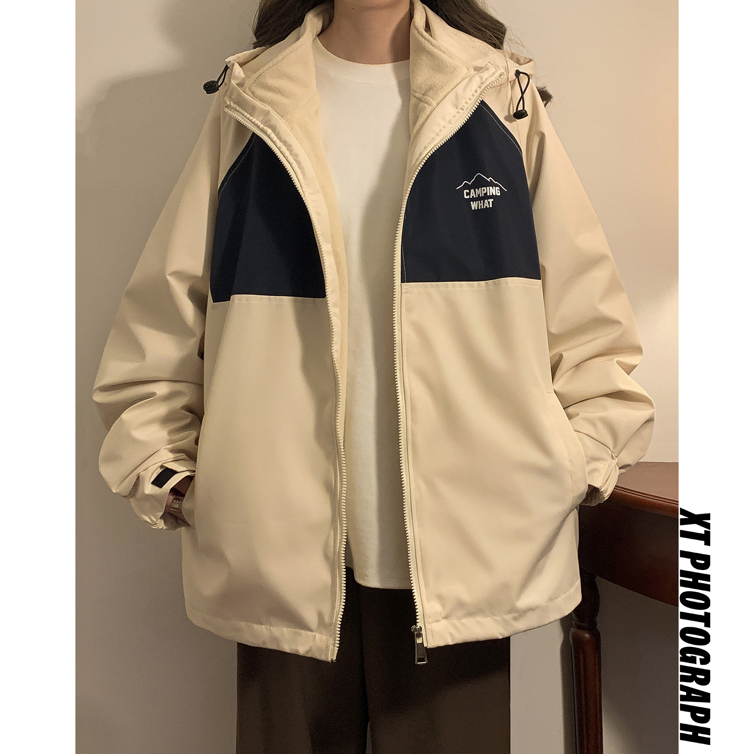 美式三合一冲锋衣外套女秋冬户外防水撞色高颜值登山情侣连帽外套