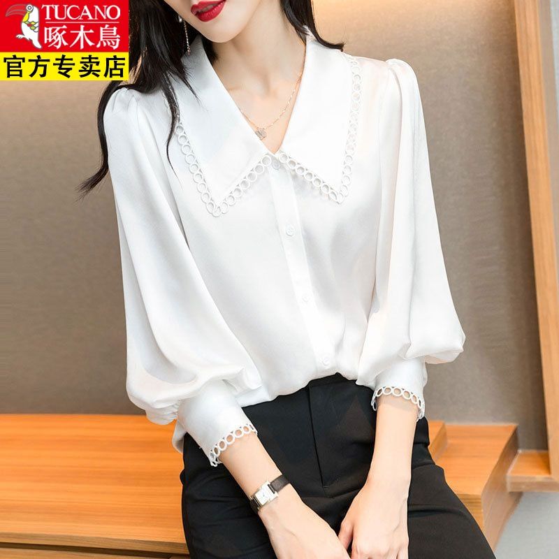 新款欧货白色真丝衬衫女桑蚕丝大牌上衣时尚t恤小衫高档洋气
