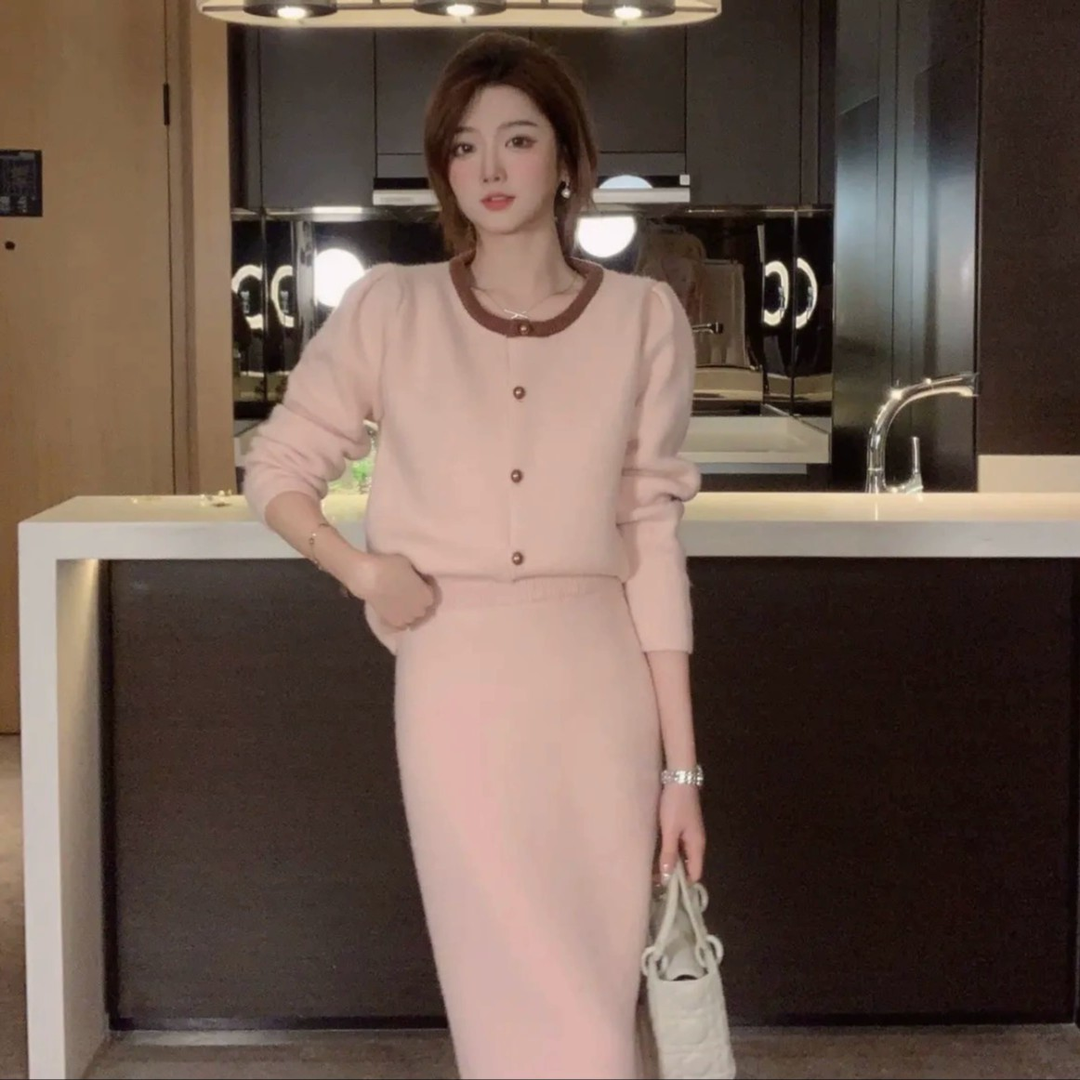 小香风套装奶系穿搭茶系冬装搭配一整套法式小个子针织半裙两件套