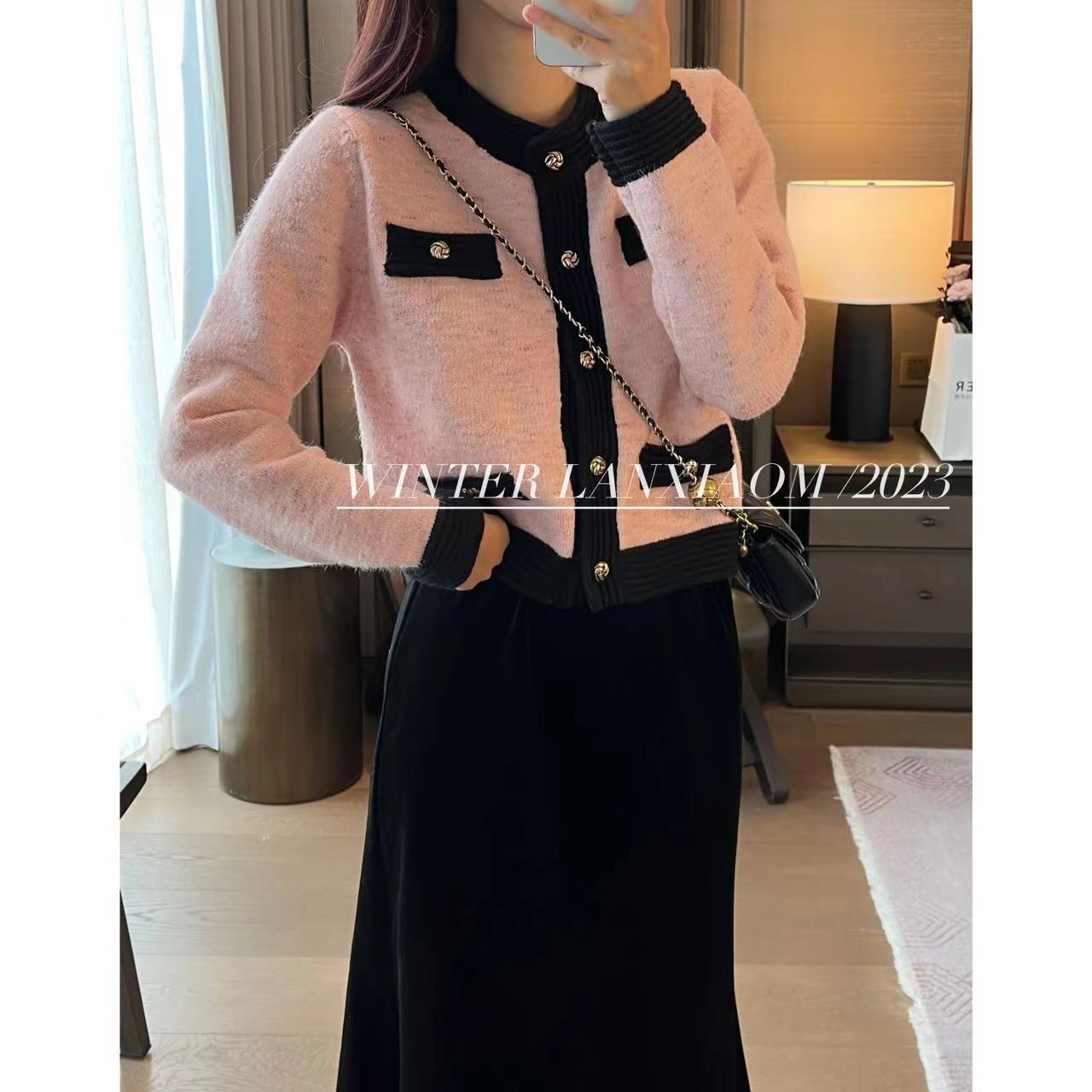 【懒小毛】2023新款小香撞色圆领气质时尚长袖针织女毛衣外套1583