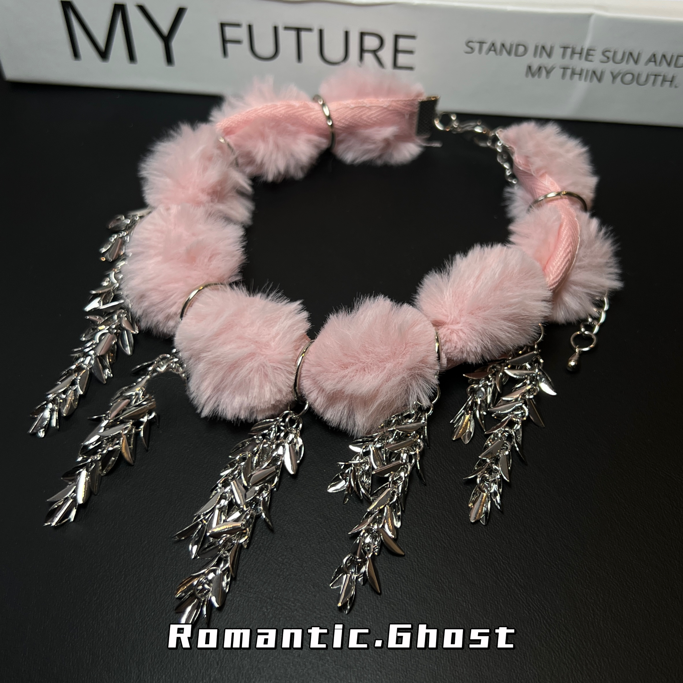 合金布艺项链 粉色毛毛手工可爱时尚手作气质轻奢长流苏重工项链