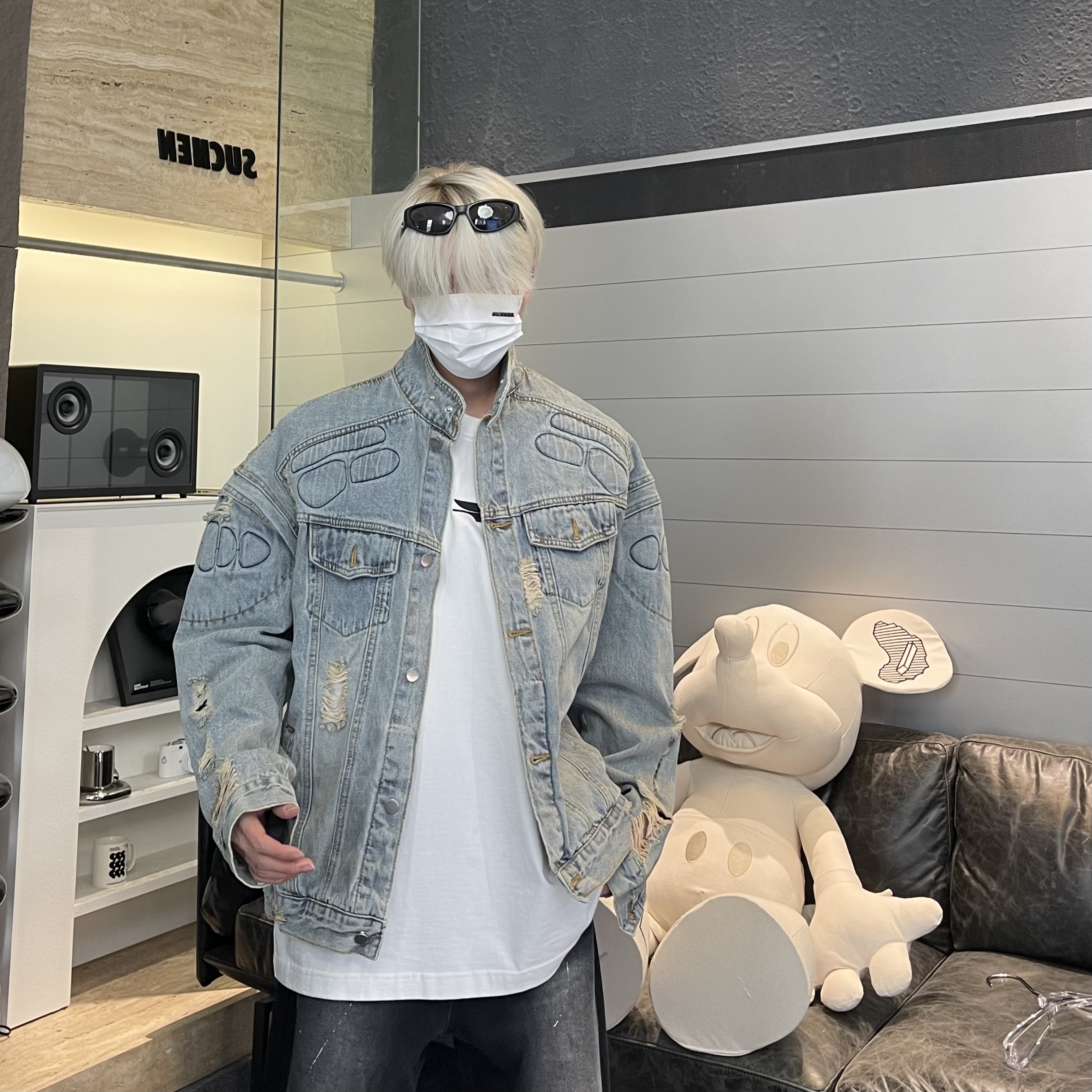 SUCHEN 春秋印花美式高街渐变牛仔宽松夹克复古水洗外套 53-JK005