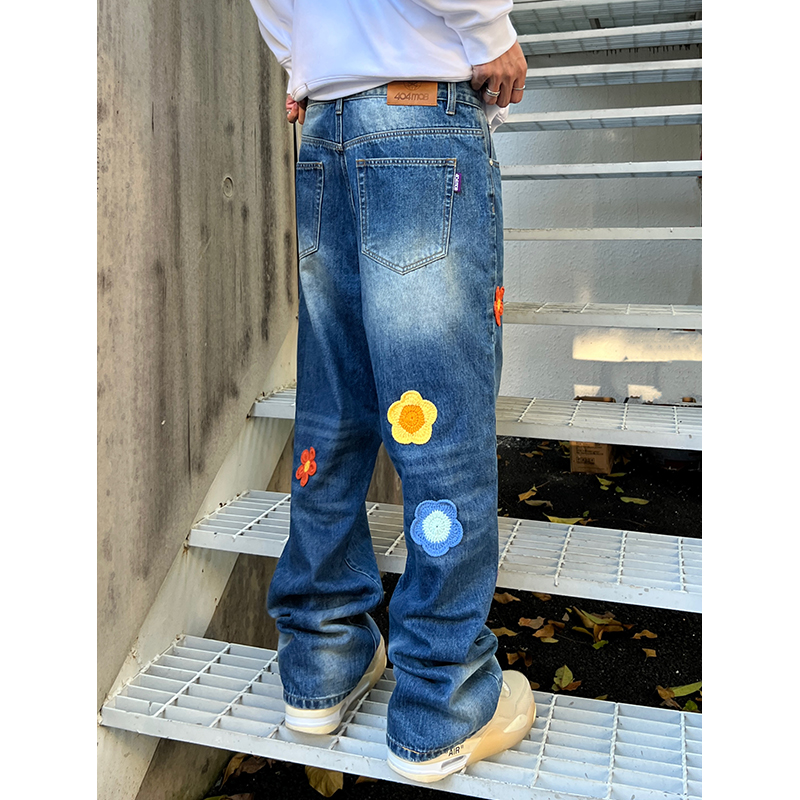 404MOB 新款潮牌男女同款直筒小众设计感多色花朵牛仔裤阔腿裤