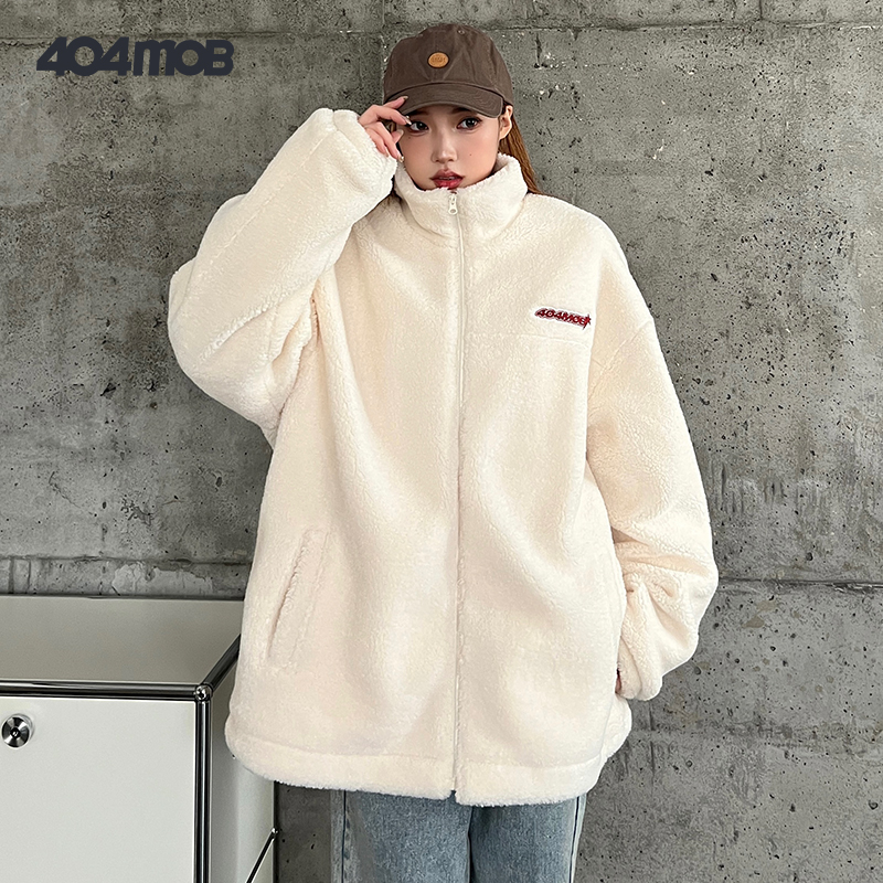 404MOB 秋冬520g重磅加厚仿羊羔毛立体撞色胶章外套夹克舒适百搭