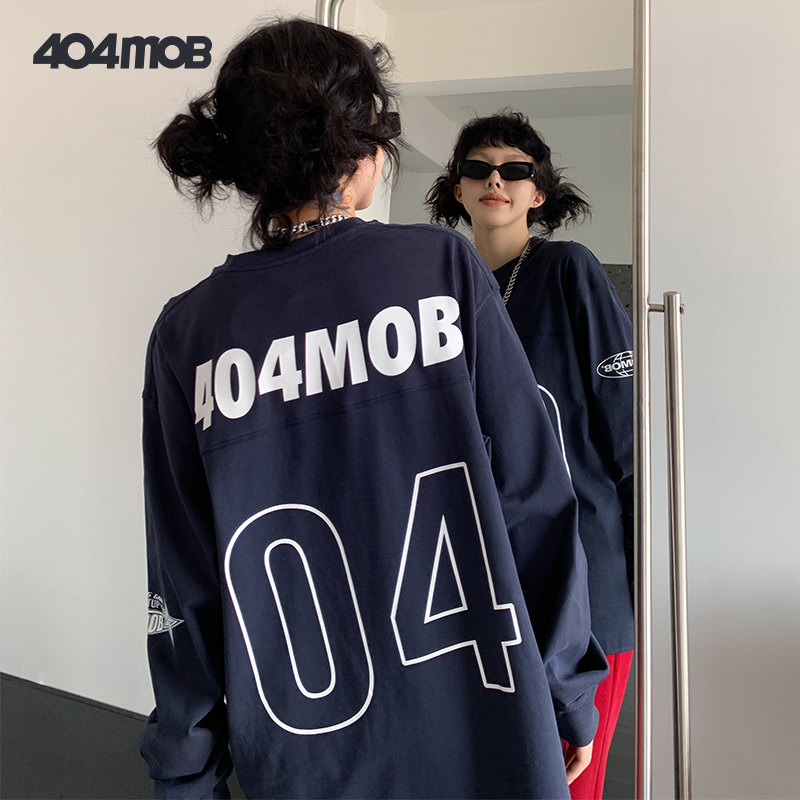 404MOB 2023新款复古街头美式冰球服圆领印花长袖设计感慵懒风T恤