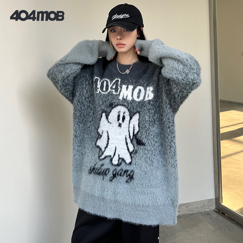 404MOB 2023新款圆领加厚保暖秋冬宽松卡通撞色提花休闲潮流毛衣