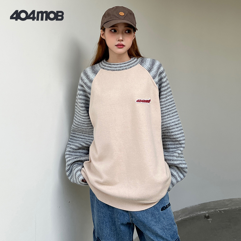 404MOB 美式潮牌插肩袖彩纱渐变拼接毛衣2023新款宽松情侣针织衫