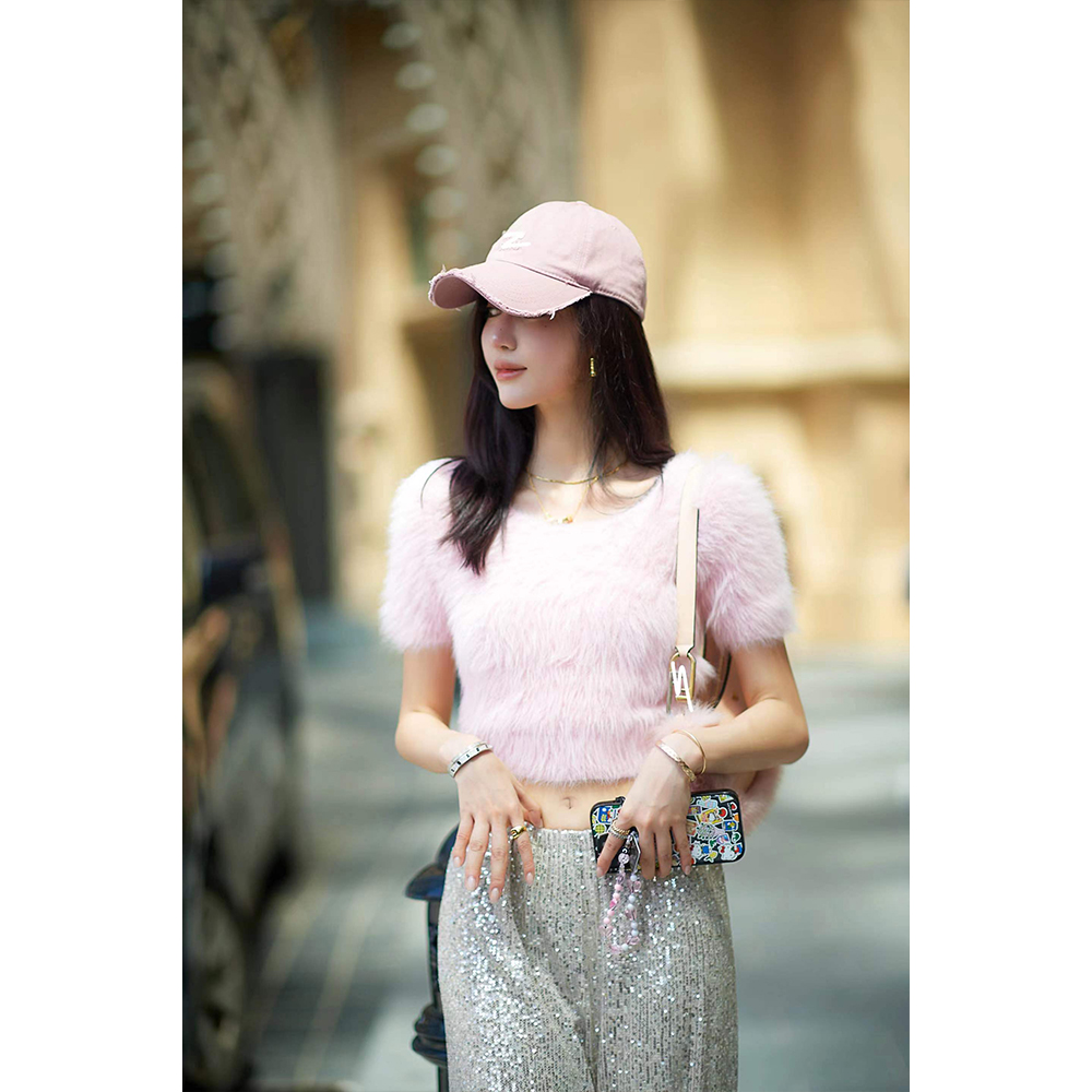 “La tulipe rose”巨软糯！浅樱粉定制6公分环保毛短款针织衫MY3728