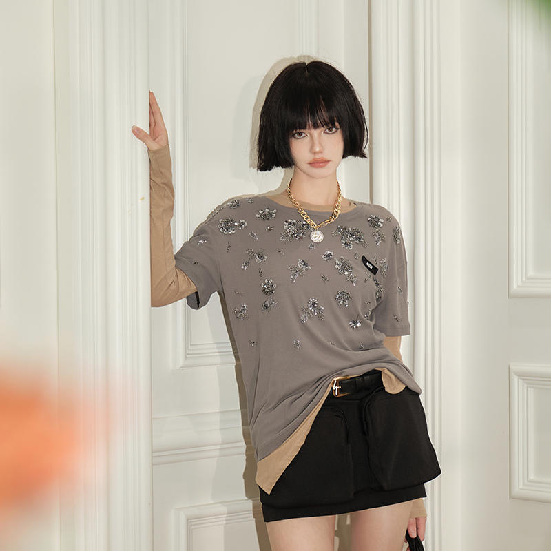 Miuccia core 巨重磅手工钉珠亮片短袖T-shirt ST18896