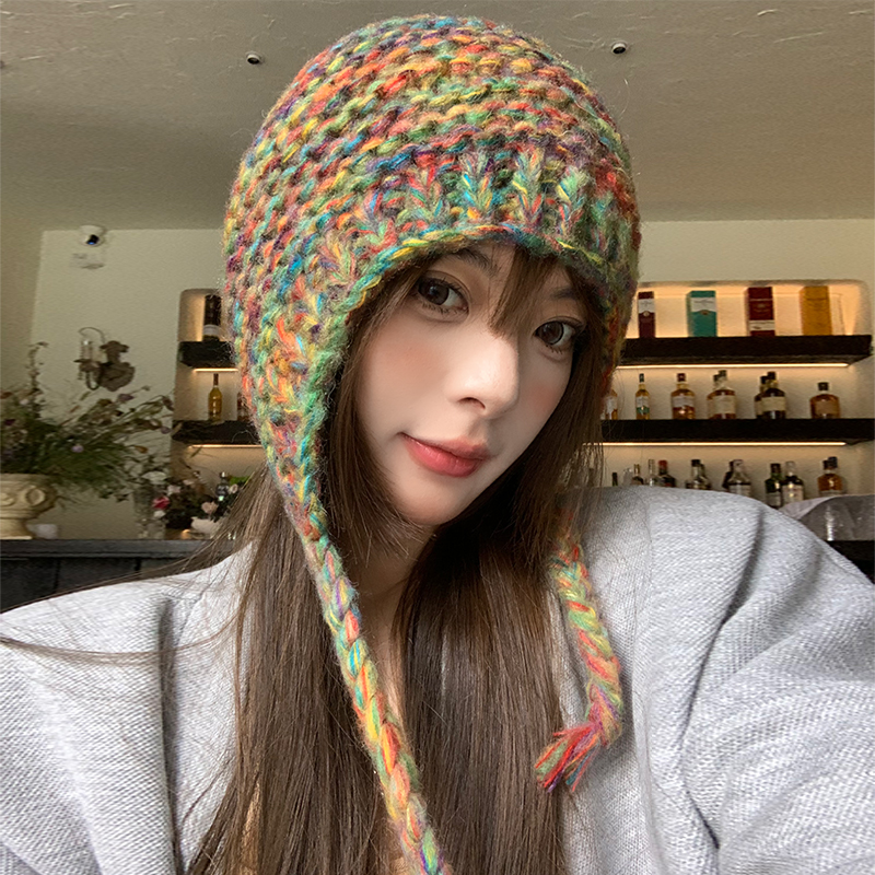 民族风彩色手工毛线帽大头围女秋冬保暖护耳逛街冷帽百搭针织帽子