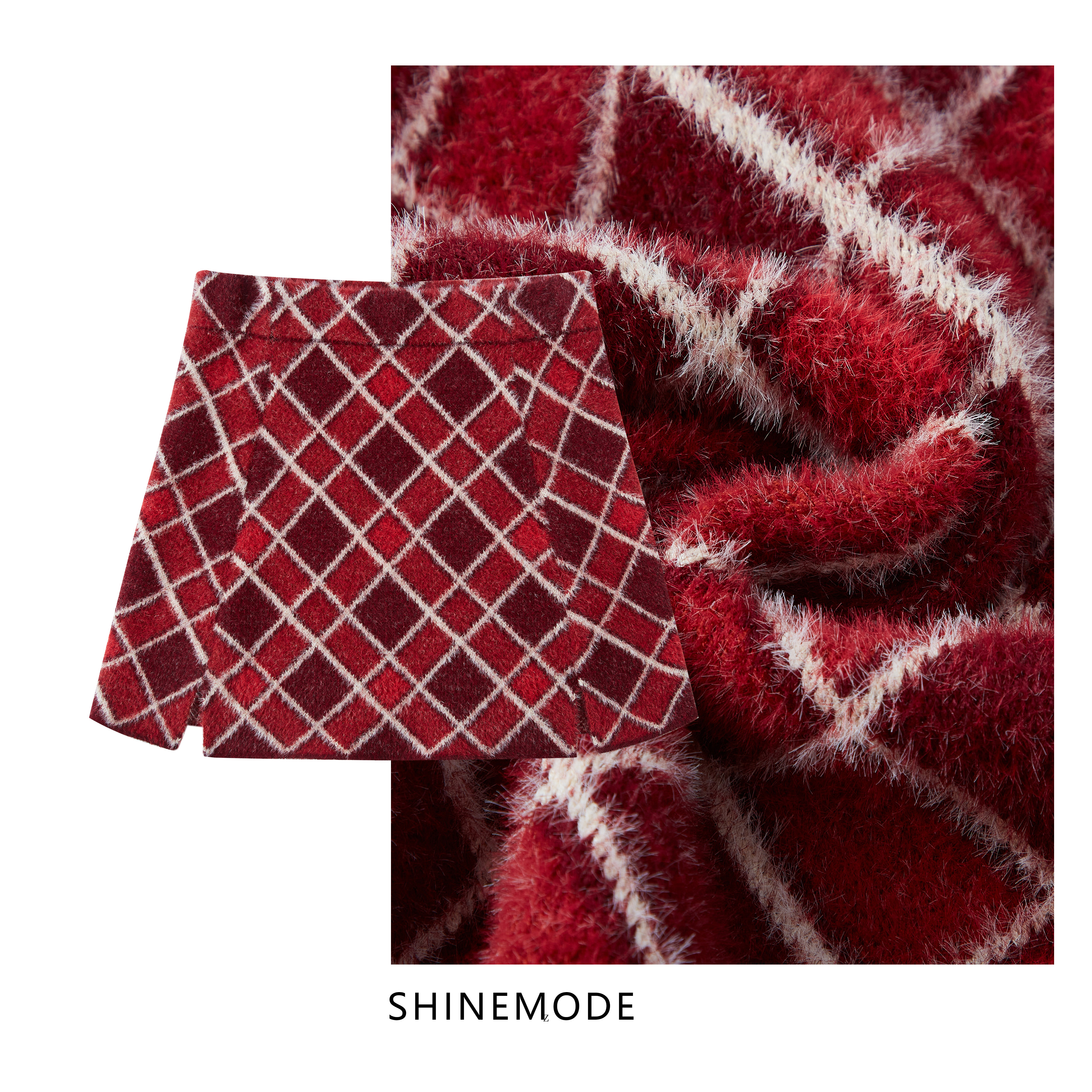 SHINEMODE格纹毛呢秋冬半身裙女复古a字裙加厚红色格子裙包臀短裙