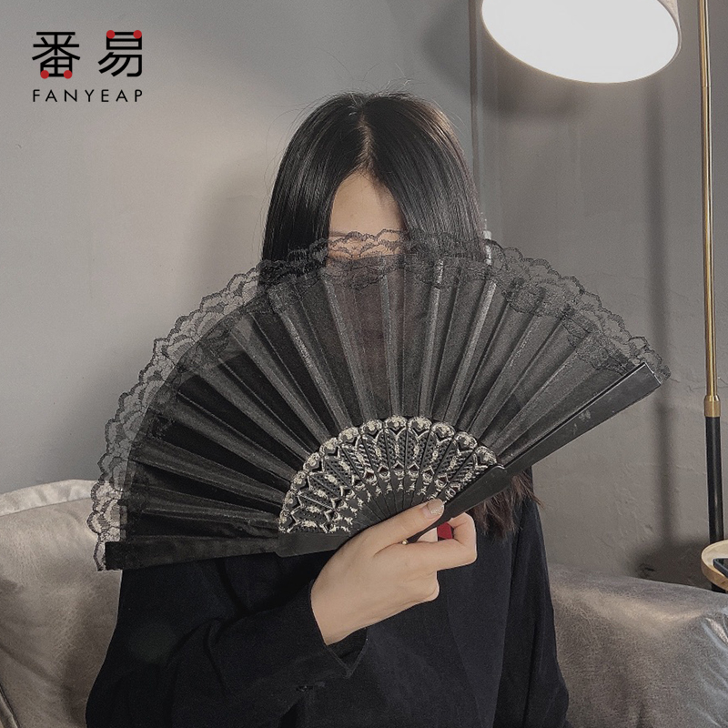 jk折扇黑色Lolita夏天蕾丝扇子中国风古风汉服拍照旗袍随身舞蹈女