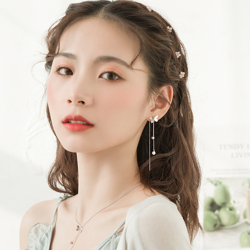 925银耳饰 s925纯银蝴蝶流苏耳线气质网红小众女长款设计耳环显脸