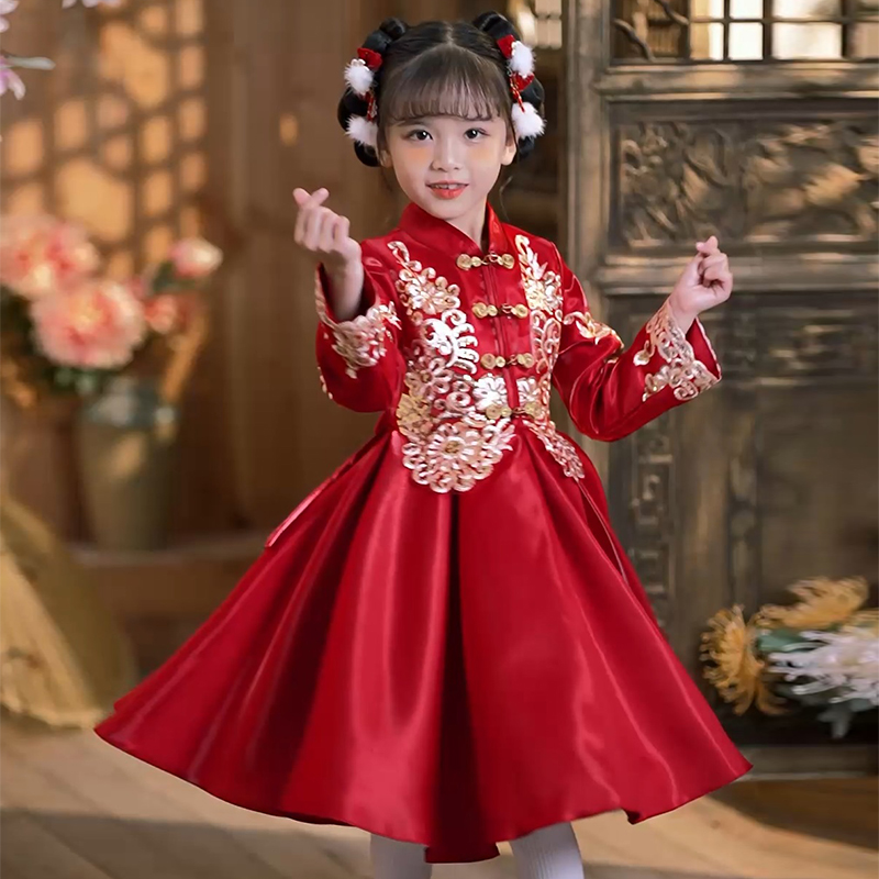 A557#汉服女童秋冬加绒加厚儿童中国风唐装超仙古装连衣裙拜年服