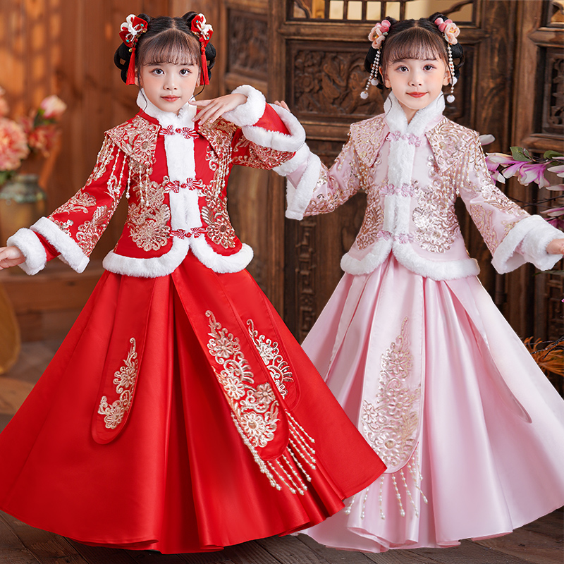 A472儿童汉服冬加绒加厚拜年服中国风女童冬装旗袍唐装套装秋冬季