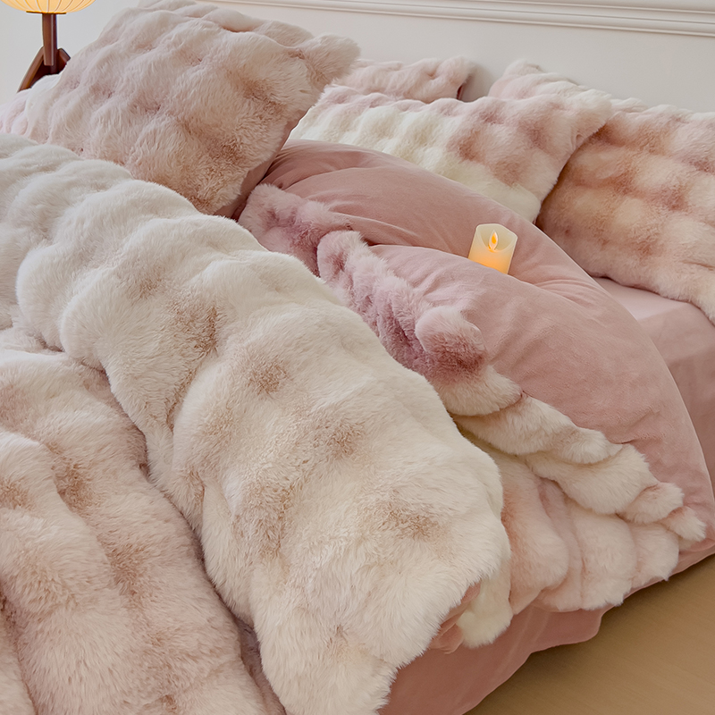 渐变兔毛牛奶绒四件套冬季加厚婴儿珊瑚绒被套床单床上用品三件套