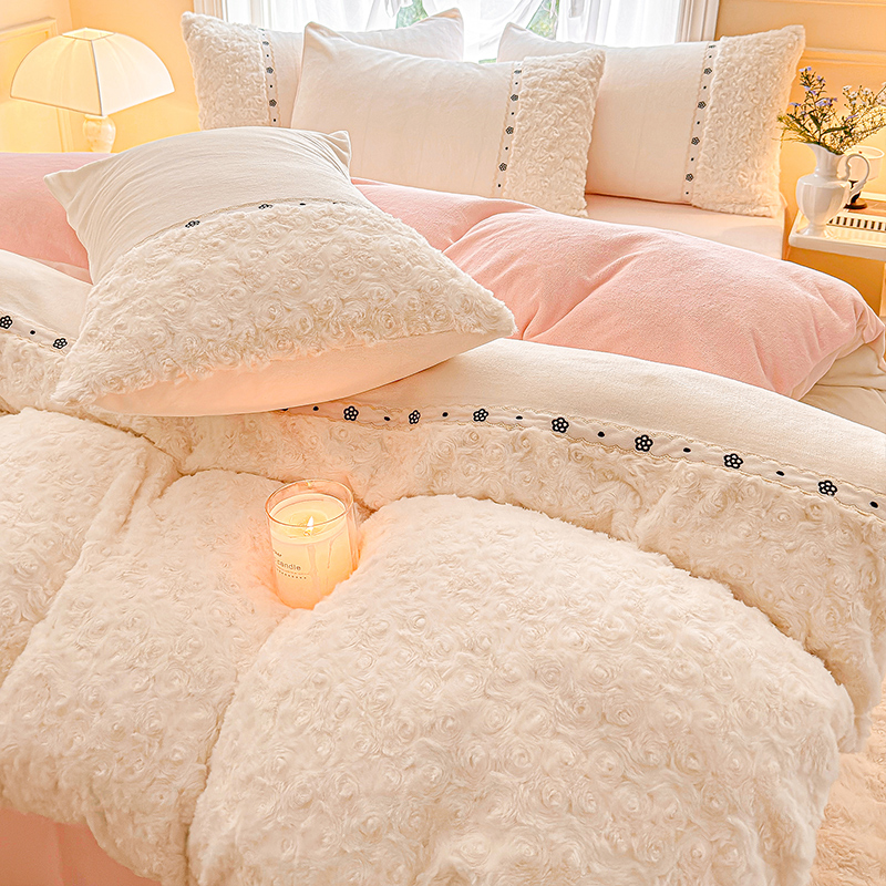 公主风牛奶绒床上四件套冬季加厚法兰珊瑚绒床单床品被套罩三件套